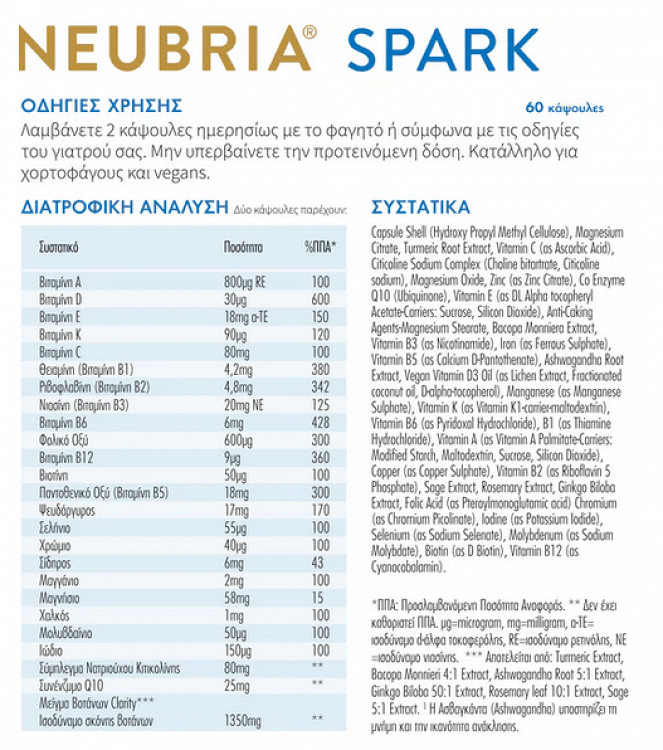 Neubria Spark Memory Supplement Συμπλήρωμα για την Μνήμη 60 κάψουλες