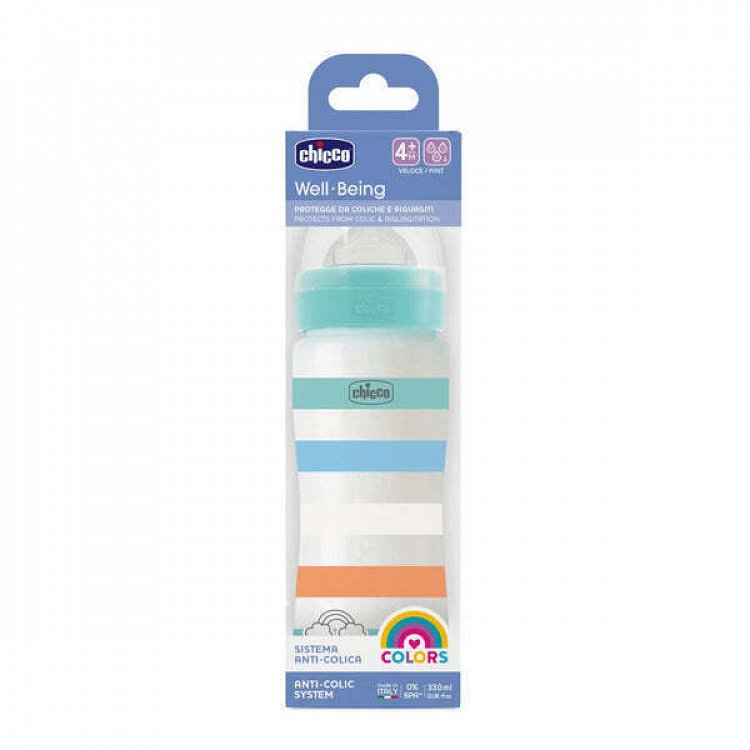Chicco Well Being Μπλε Πλαστικό Μπιμπερό, Θηλή Σιλικόνης 330ml