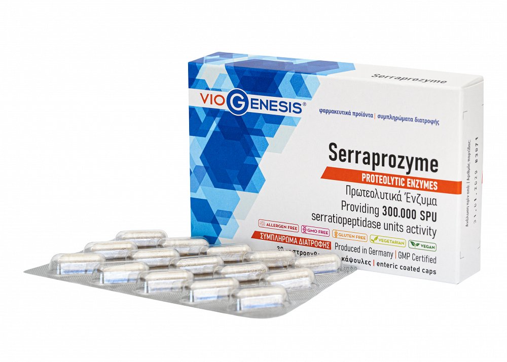 VioGenesis Serraprozyme 300.000 SPU – Πεπτικά Ένζυμα (Αλκαλική Πρωτεάση & Aspergillus oryzae), 30 Γαστροανθεκτικές Κάψουλες