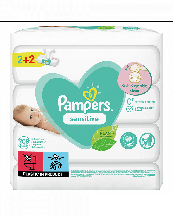 Pampers Sensitive Υποαλλεργικά Μωρομάντηλα χωρίς Οινόπνευμα & Άρωμα 4x52τμχ