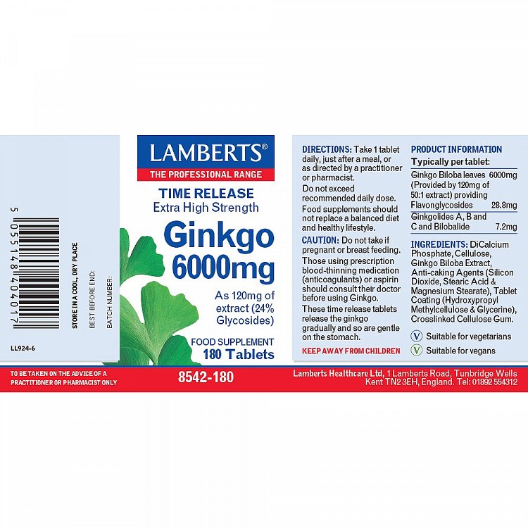 Lamberts Ginkgo Biloba Extract 6000mg 180 ταμπλέτες