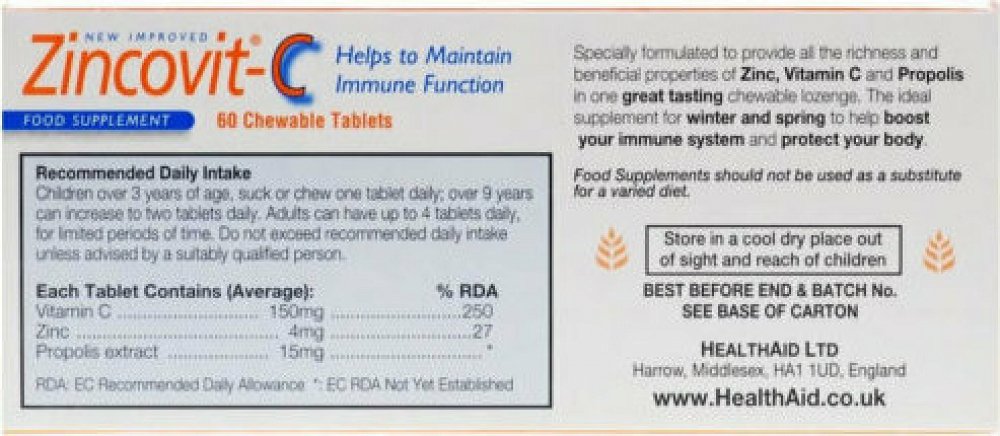 Health Aid Zincovit-C Συμπλήρωμα για την Ενίσχυση του Ανοσοποιητικού 60 ταμπλέτες