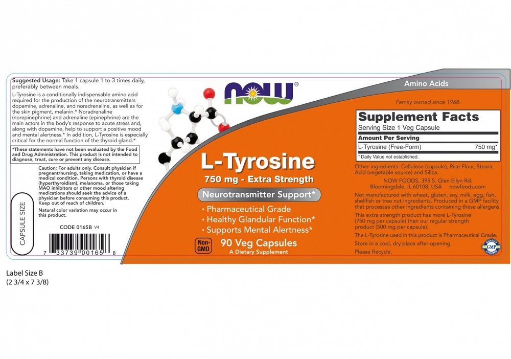 Now L-Tyrosine 750 mg Extra Strength, 90Caps