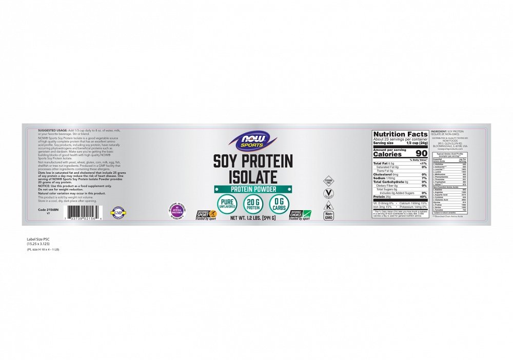 Now Soy Protein Isolate Non-GMO Unflavored Powder, 544g
