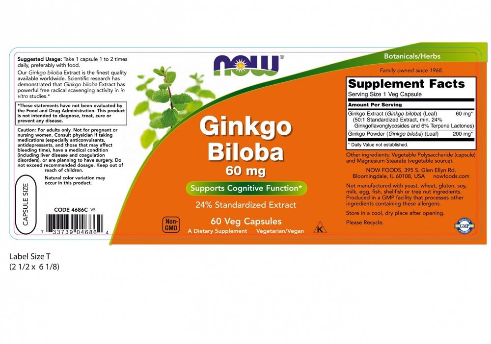 Now Foods Ginkgo Biloba 60mg 60 φυτικές κάψουλες