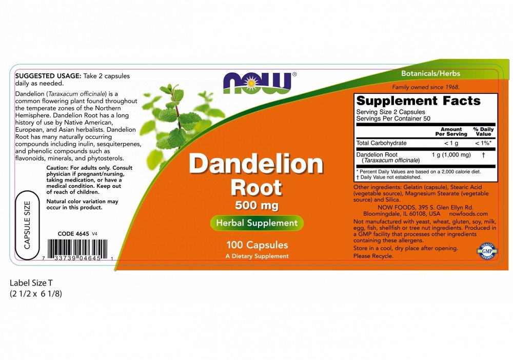 Now Dandelion Root 500mg, 10Caps