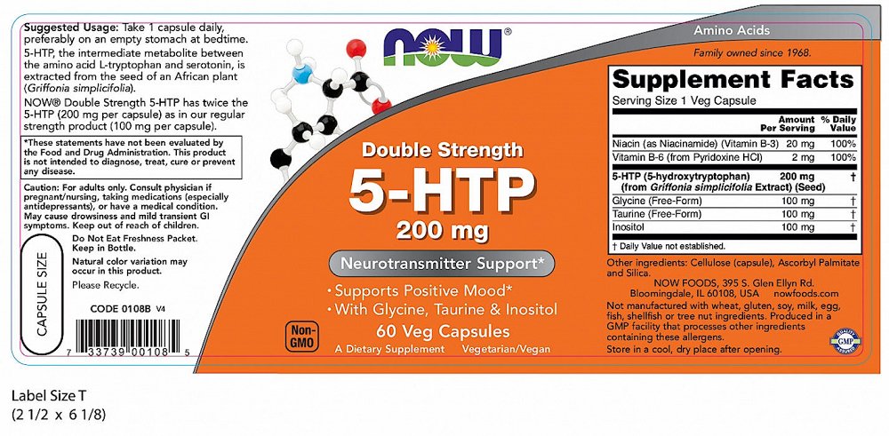 Now 5-HTP, Double Strength 200 mg,, 60V.Caps