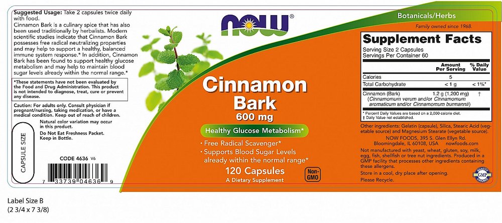 Now Cinnamon Bark 600 mg, 120caps