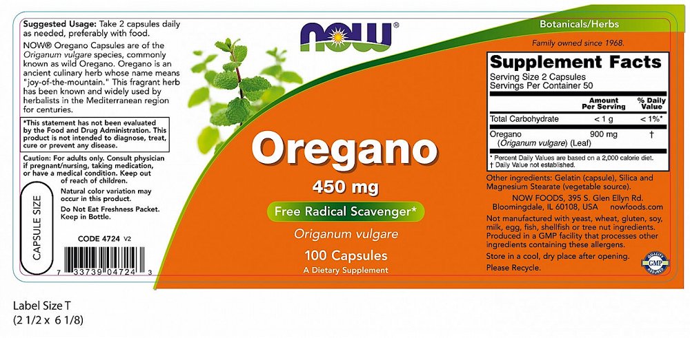 Now Oregano 450 mg, 100Caps