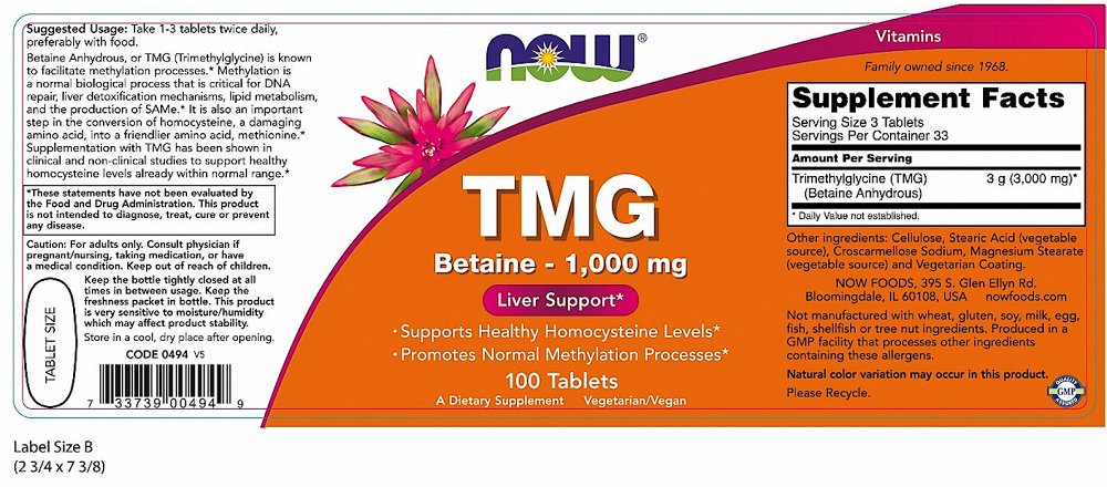 Now TMG (Trimethylglycine) 1,000 mg, 100Tabs