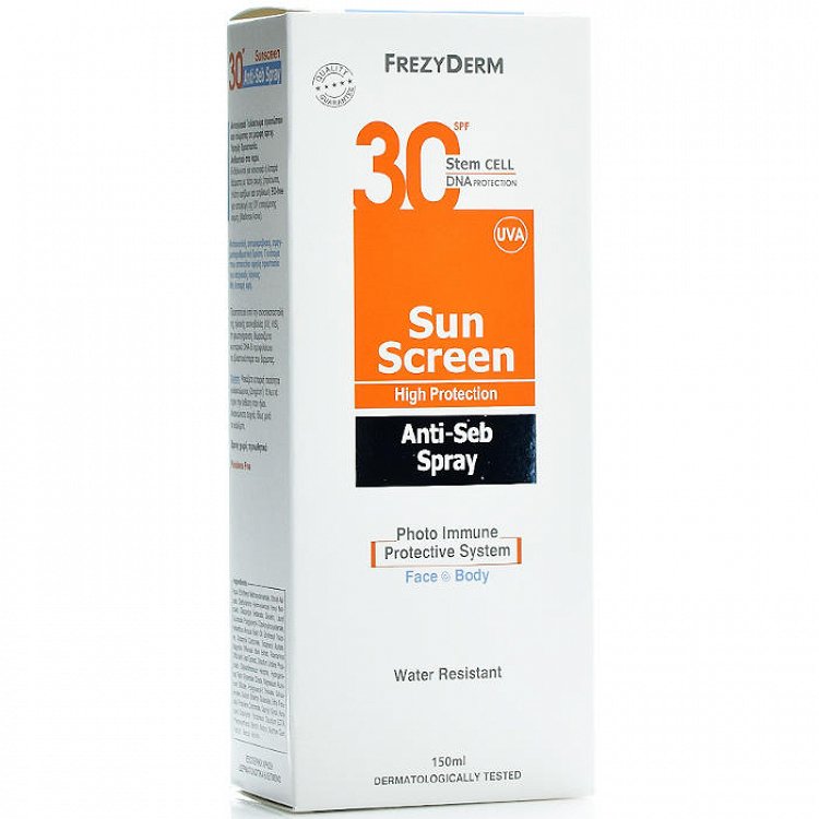 Frezyderm Sun Screen Anti-Seb Αδιάβροχη Αντηλιακή Λοσιόν Προσώπου και Σώματος SPF30 σε Spray 150ml