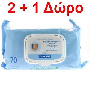 Klorane Bebe Lingettes Nettoyantes Douceur 70τμχ 2+1 Δώρο